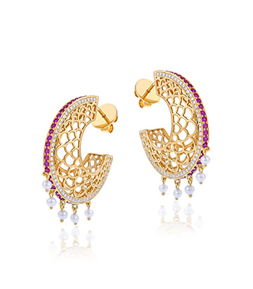 Pearl,Diamond and Pink sapphire hoops